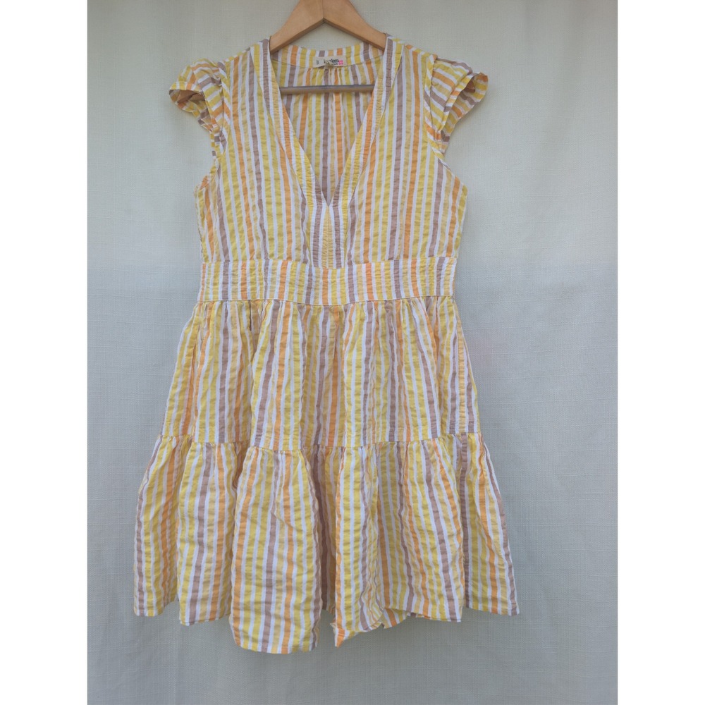 LEMLEM Seersucker Striped Tiered Mini Dress Womens M Yellow Boho Vacationcore